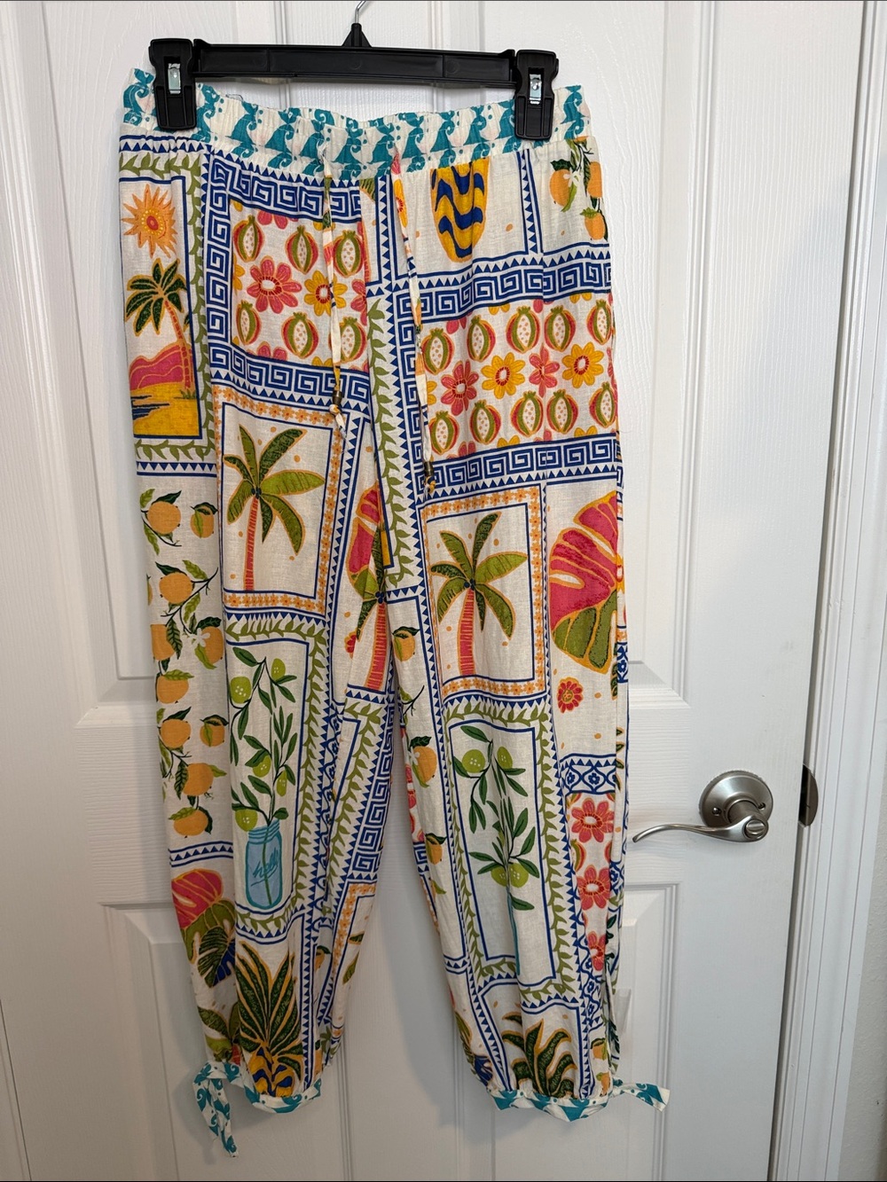 Rachel Zoe Linen Blend Mediterranean Print Pants XS Tropical Resort Coastal